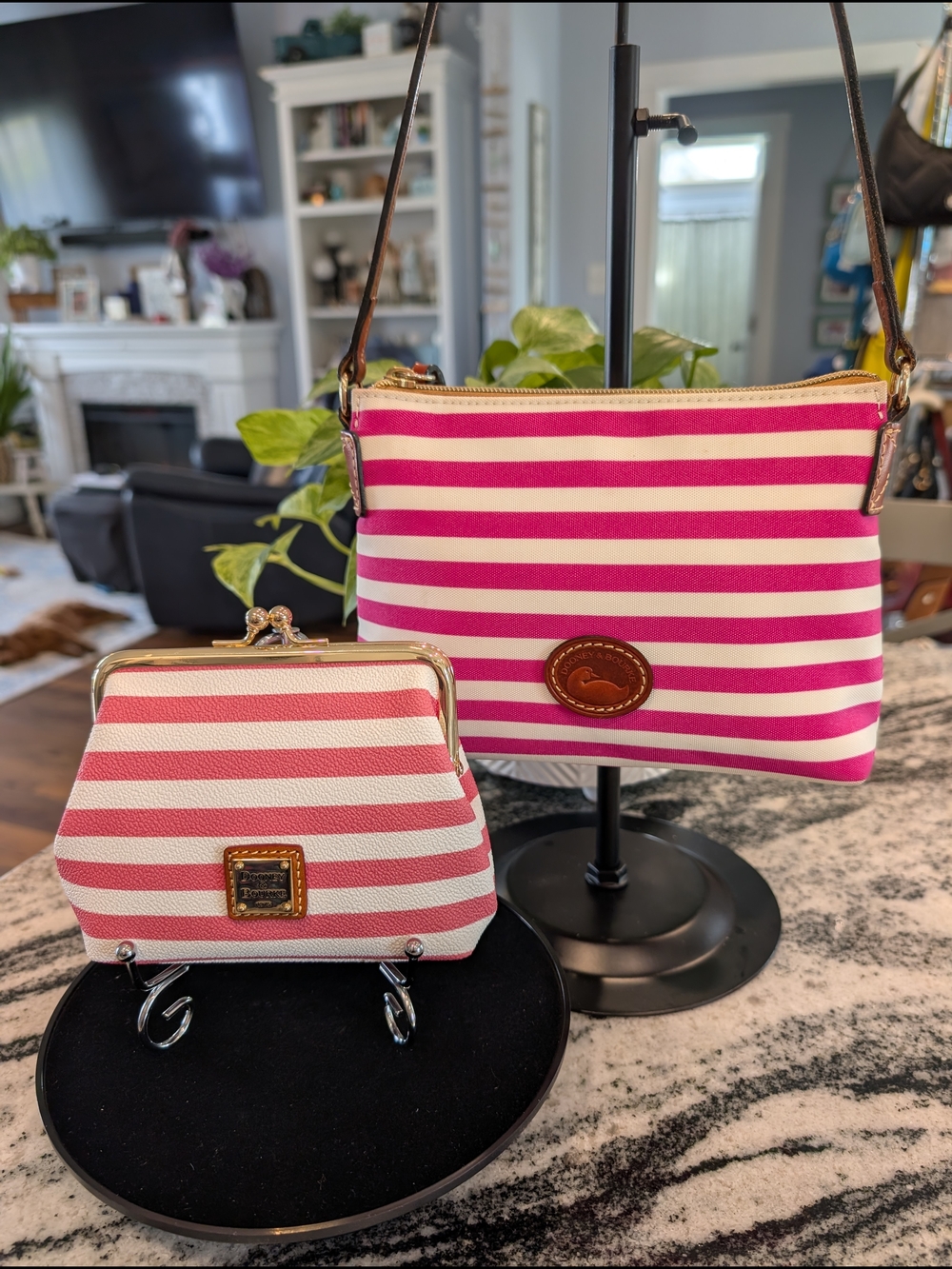 Dooney & Bourke Pink & White Striped Crossbody w/Matching Kisslock Wallet Pouch